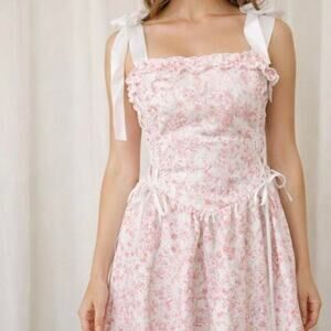 Chic Pink Floral Mini Dress with White Ribbons